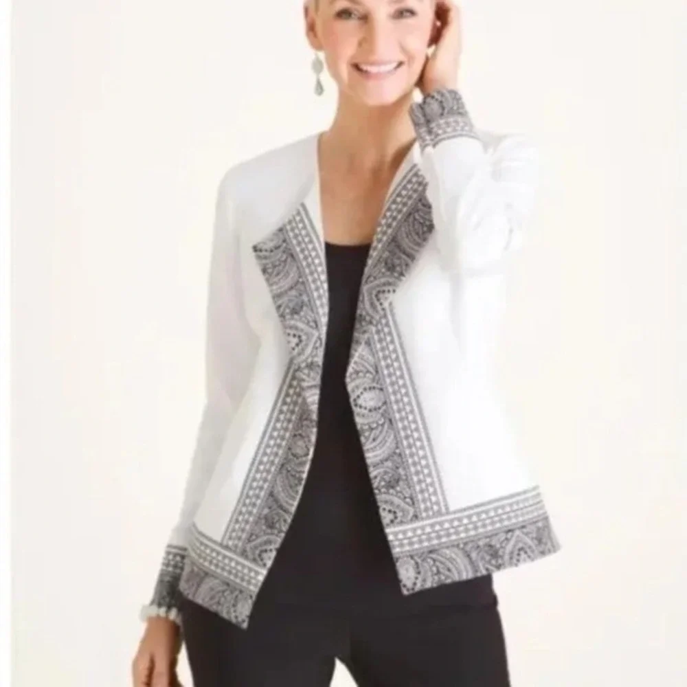Chico's Blazer‎ Paisley Border Print Open Front, Women 3 (16/18) White Black